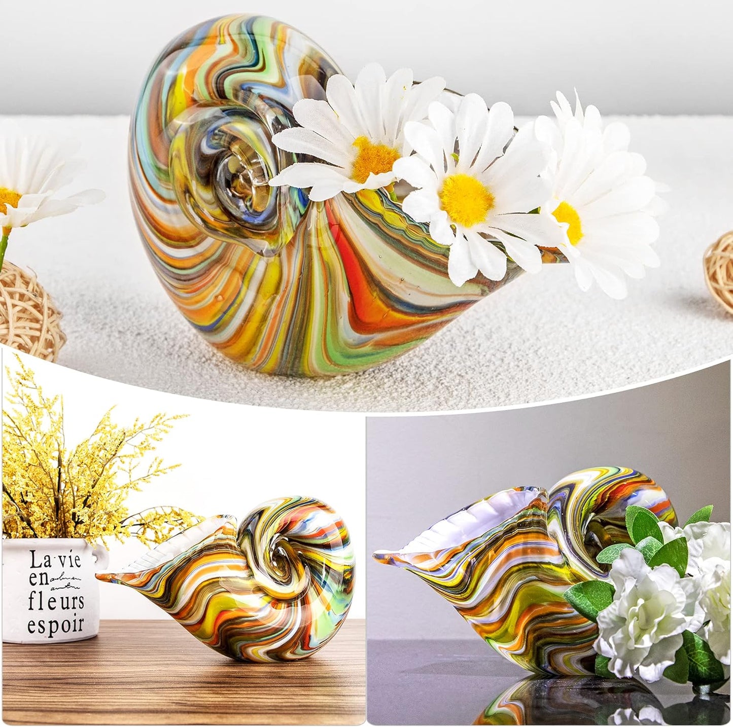 Glass Nautilus Conch Figurines, Hand Blown Seashell Art, Multicolor Glass Sculpture Beautiful Home Decor, Crystal Paperweight