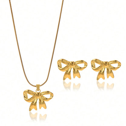 18K Gold Plated Bow Necklace & Earrings Set - Waterproof Hypoallergenic Jewelry Gift for Women & Girls