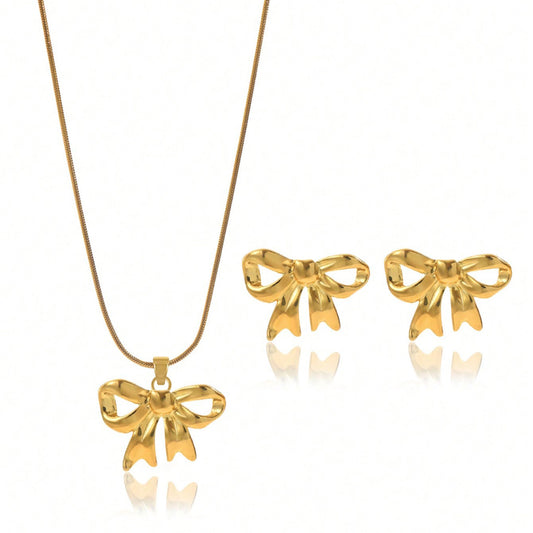18K Gold Plated Bow Necklace & Earrings Set - Waterproof Hypoallergenic Jewelry Gift for Women & Girls