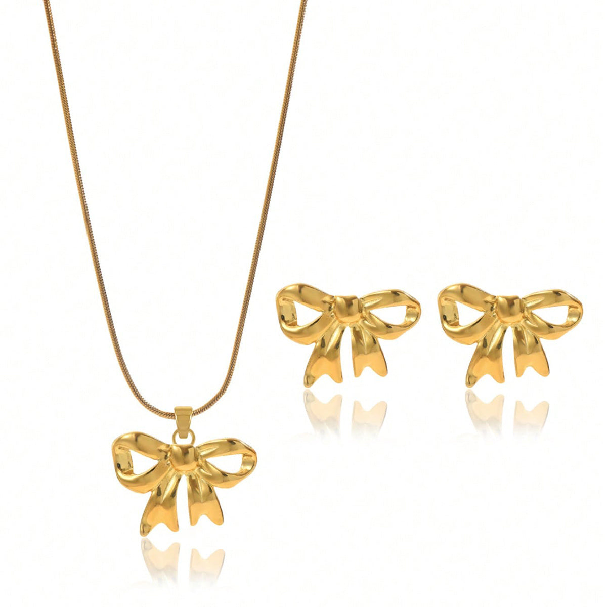 18K Gold Plated Bow Necklace & Earrings Set - Waterproof Hypoallergenic Jewelry Gift for Women & Girls