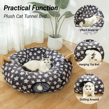 Large Cat Tunnel Bed under Christmas Tree with Fluffy Toy Balls, Small Cushion and Flexible Design- 10 Inch Diameter, 3 Ft Length- Great for Cats, and Small Dogs, Gray Star Pattern