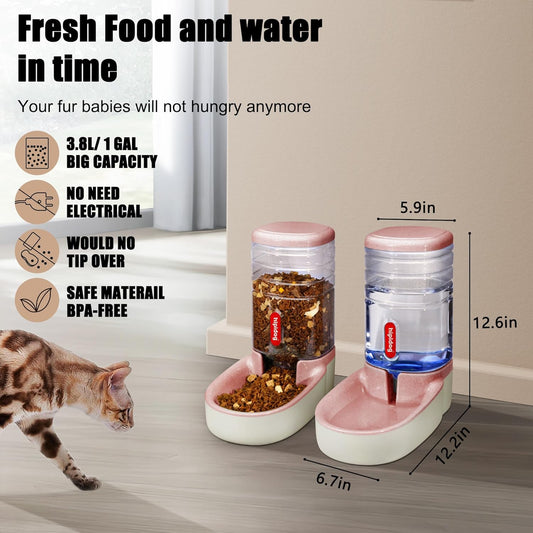Automatic Pet Feeder Small&Medium Pets Automatic Food Feeder and Waterer Set 3.8L, Travel Supply Feeder and Water Dispenser for Dogs Cats Pets Animals (Pink)