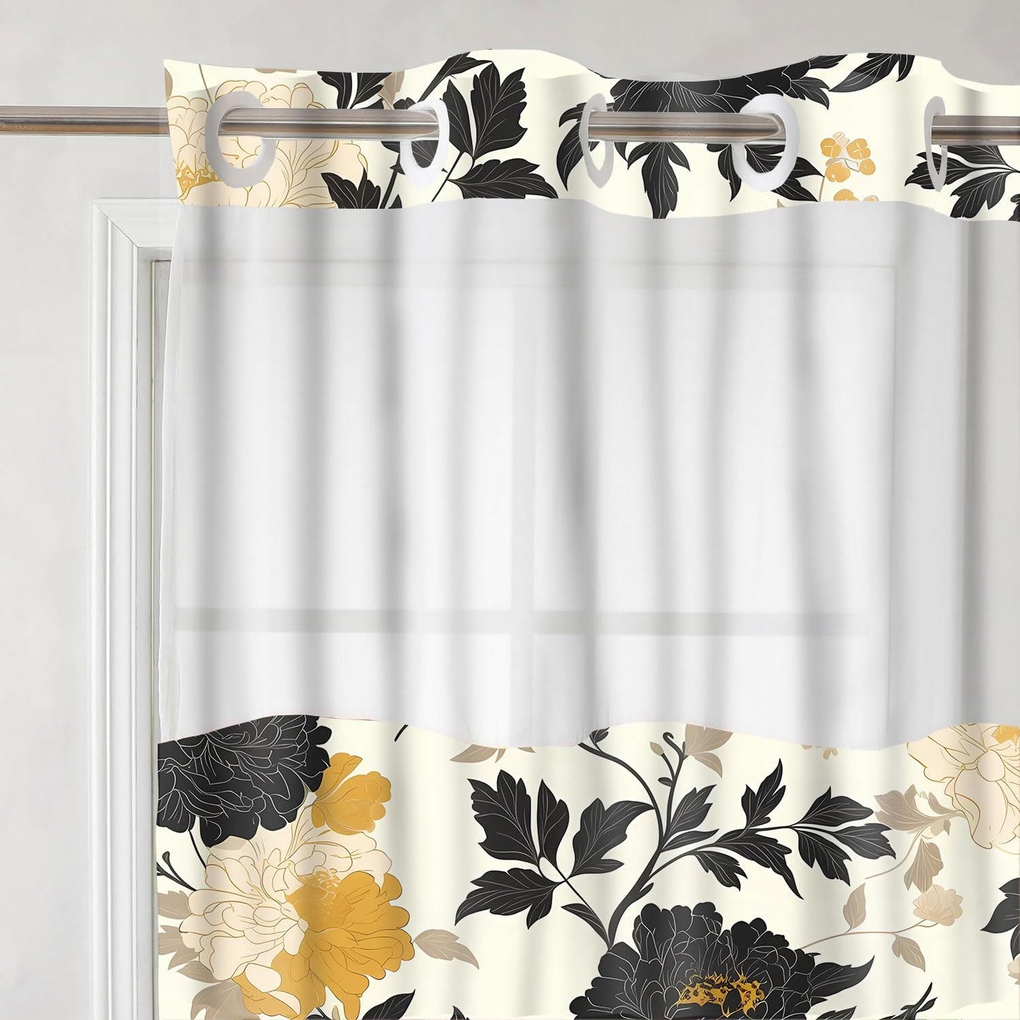 No Hooks Snap in Liner Black Rustic Floral Boho Shower Curtain Sets, Hotel Luxury Double Layers Waterproof Fabric & See-Through Top Window Bathroom Decorative 54X80In