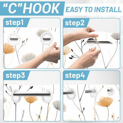 No Hook White Dandelion Shower Curtain with Snap in Fabric Liner Boho Floral Shower Curtain Flowers and Plants Boho Double Layer through Mesh Top Home Bathroom Decor 71X74In