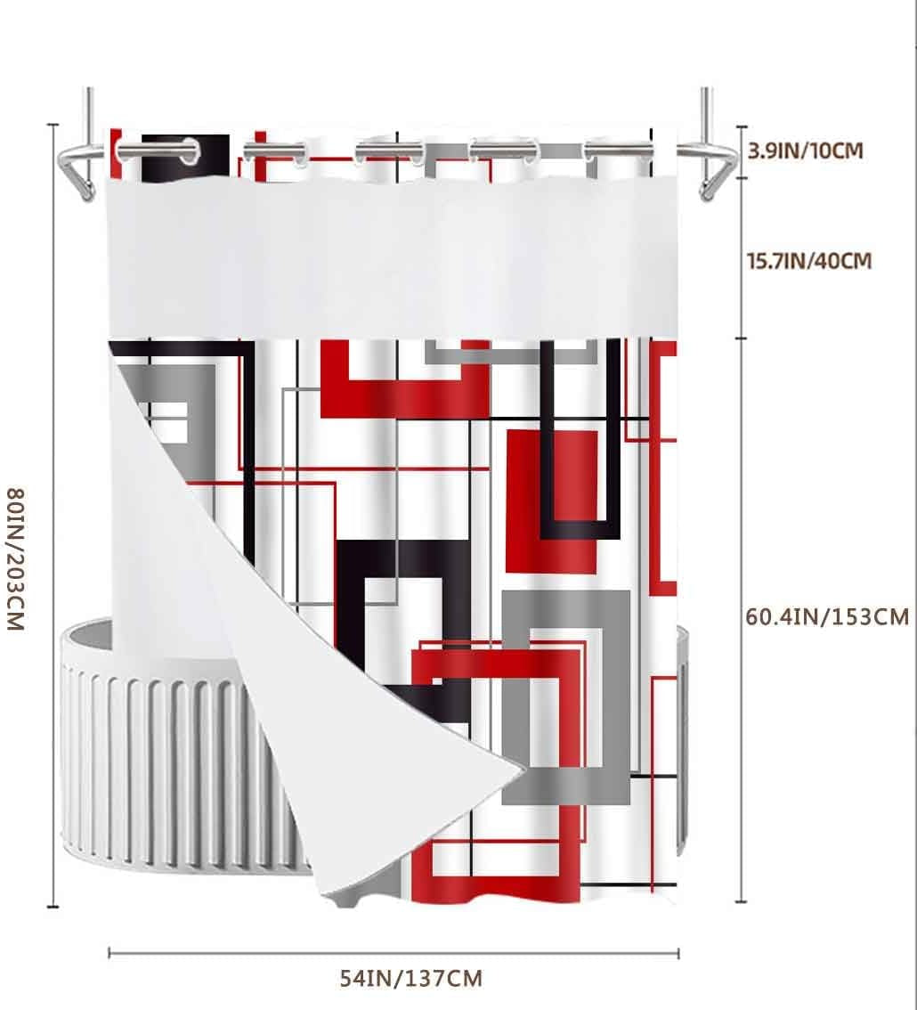 No Hook Modern Red and Black Shower Curtain with Snap in Fabric Liner Abstract Geometric Aesthetic Design Double Layer through Mesh Top Home Bathroom Decoration 54X80In YLSHGD416