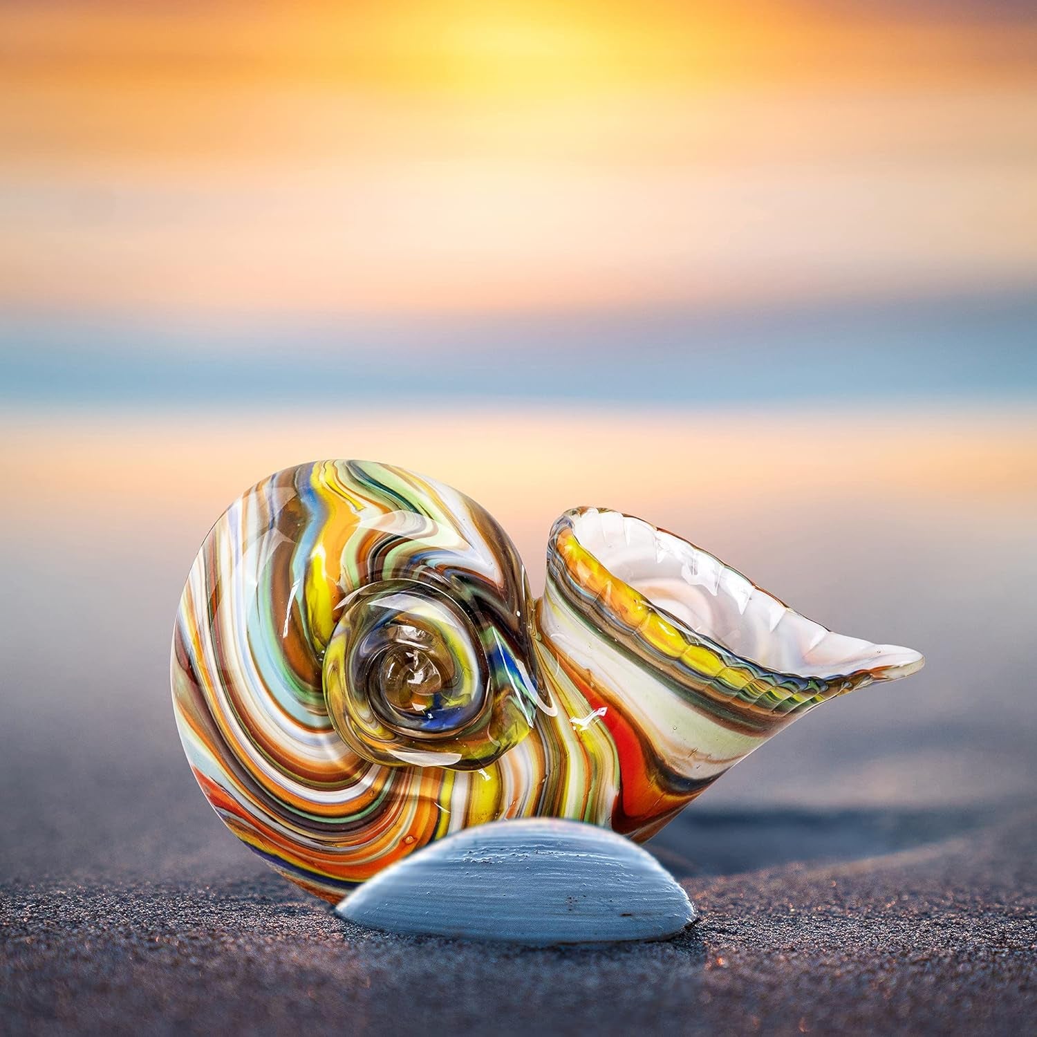 Glass Nautilus Conch Figurines, Hand Blown Seashell Art, Multicolor Glass Sculpture Beautiful Home Decor, Crystal Paperweight