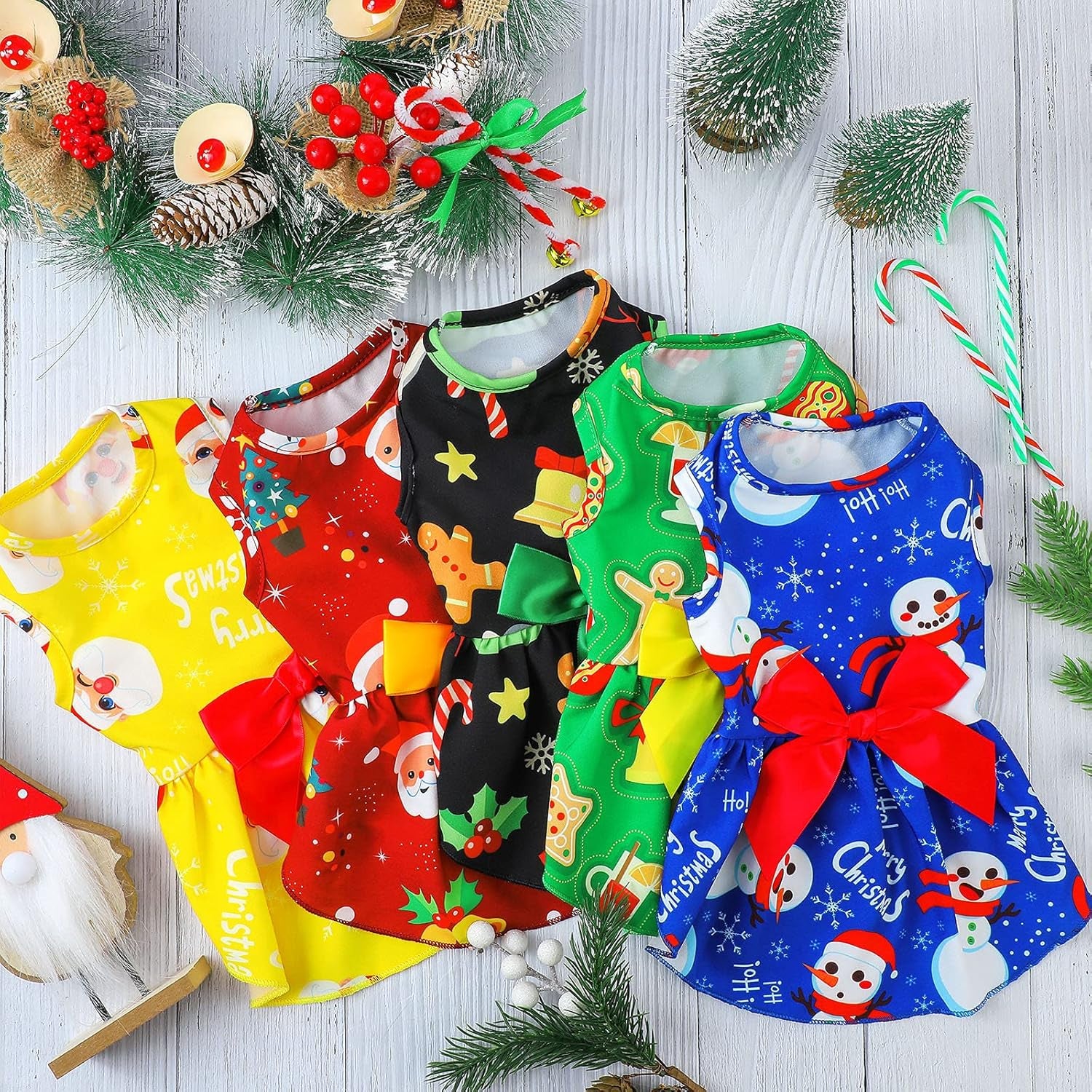5 Pieces Christmas Dog Dress Cute Pet Princess Dress Bow-Knot Tutu Clothes Snowman Bell Reindeer Santa Dog Outfit Christmas Style Dog Skirt Elegant Pet Christmas Apparel Doggie Clothes(S (Fit 3-4Lbs))