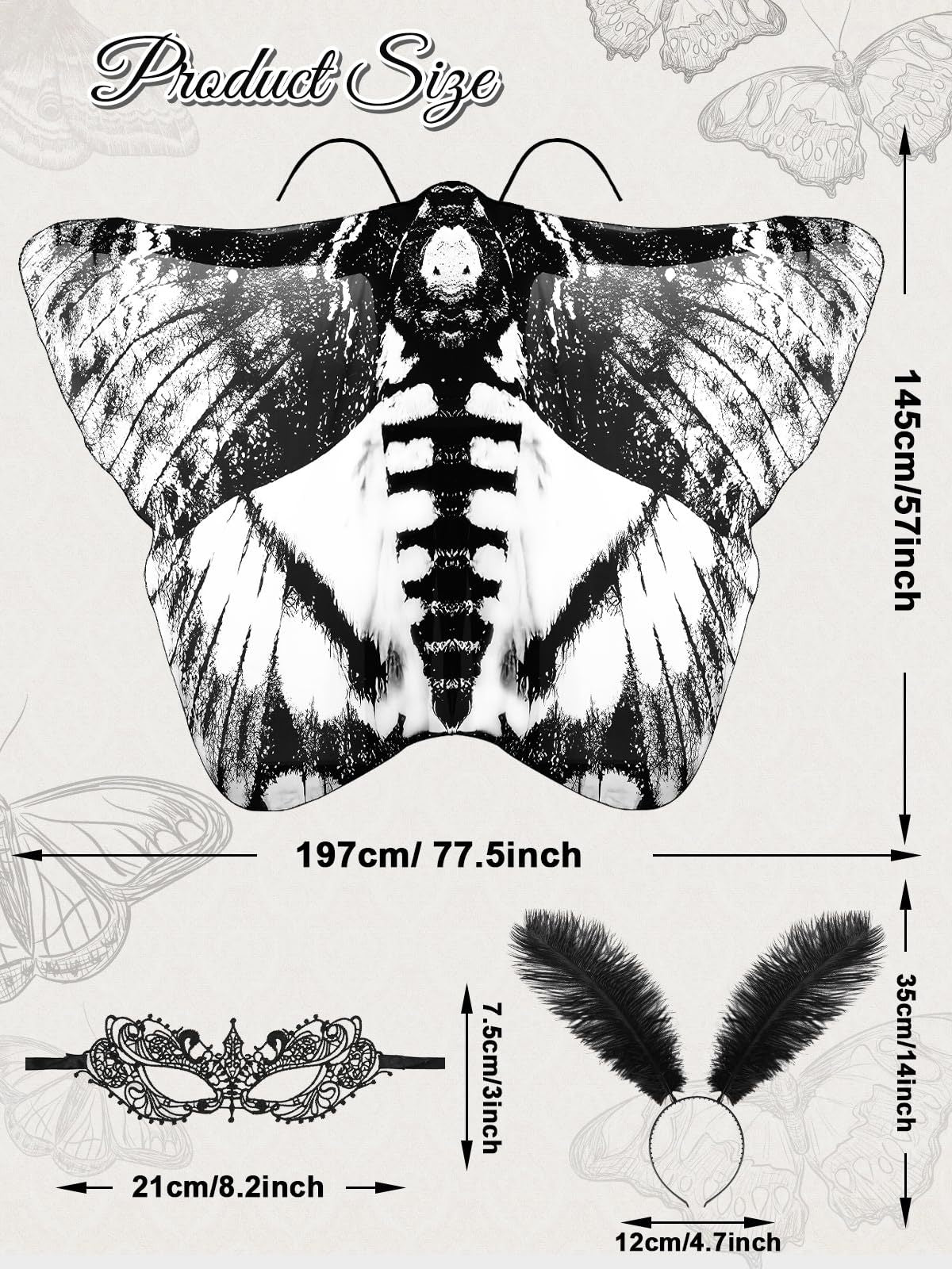 3 Pcs Moth Butterfly Wings Cape Set   Costume Moth Wings Moth Cape With Headband Lace Mask For Halloween-Ban On Selling On Amazon