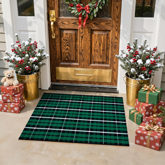 Christmas Outdoor Rug 2X3, Buffalo Plaid Green and Black Checkered Entryway Rug, Washable Front Porch Door Mat Layered Doormat, Small Rug for Bathroom Xmas Holiday Decor