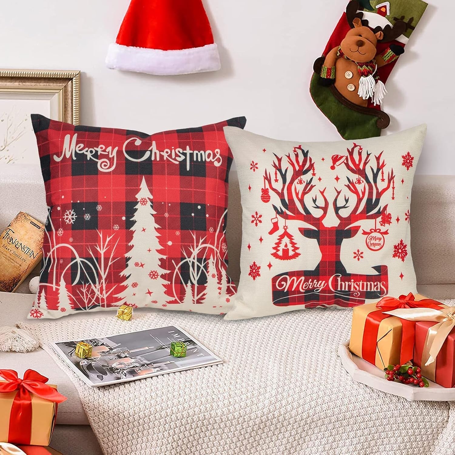 Buffalo Plaid Christmas Pillow Covers, Merry Christmas Throw Pillow Covers 18X18 Set of 4, Square Xmas Pillow Covers Zippered Linen Christmas Pillow Cases Seasonal for Winter Holiday Decoration