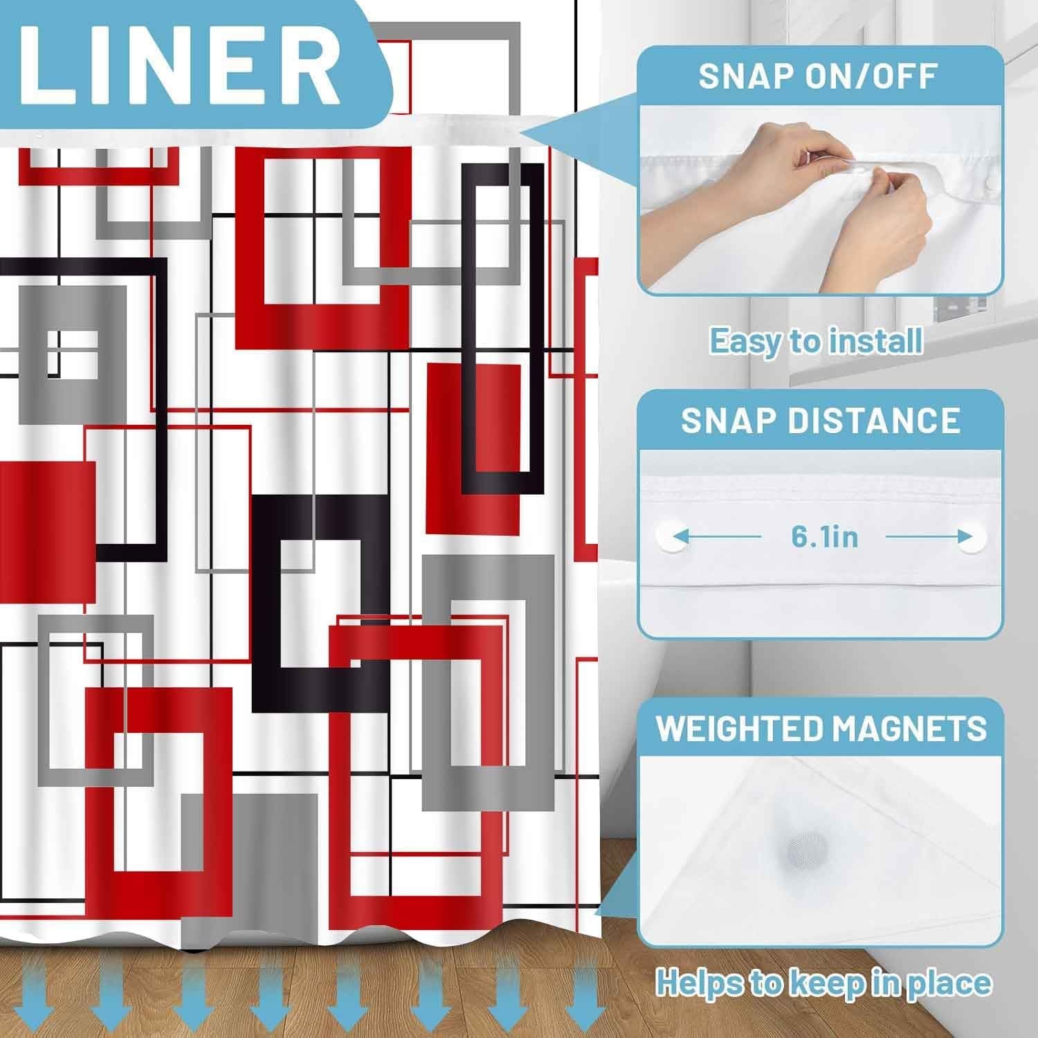 No Hook Modern Red and Black Shower Curtain with Snap in Fabric Liner Abstract Geometric Aesthetic Design Double Layer through Mesh Top Home Bathroom Decoration 54X80In YLSHGD416