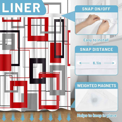 No Hook Modern Red and Black Shower Curtain with Snap in Fabric Liner Abstract Geometric Aesthetic Design Double Layer through Mesh Top Home Bathroom Decoration 54X80In YLSHGD416