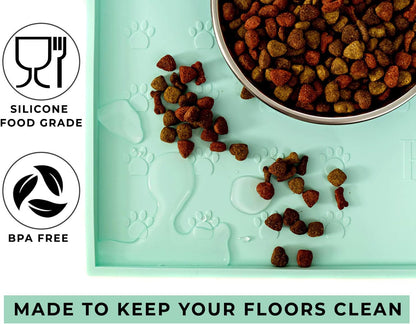 Food Mat Feeding Tray - Non-Slip, Anti-Spill, Raised Dog Food Bowl Mat, Easy Clean Waterproof - Premium Quality Silicone - Perfect for Dogs and Cats, 24"X16" (Cool Mint)