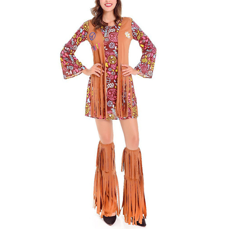 Women's Tassel 3-Piece Hippie Costume Set - Printed Long Sleeve Short Dress With Headscarf & Leg Warmers