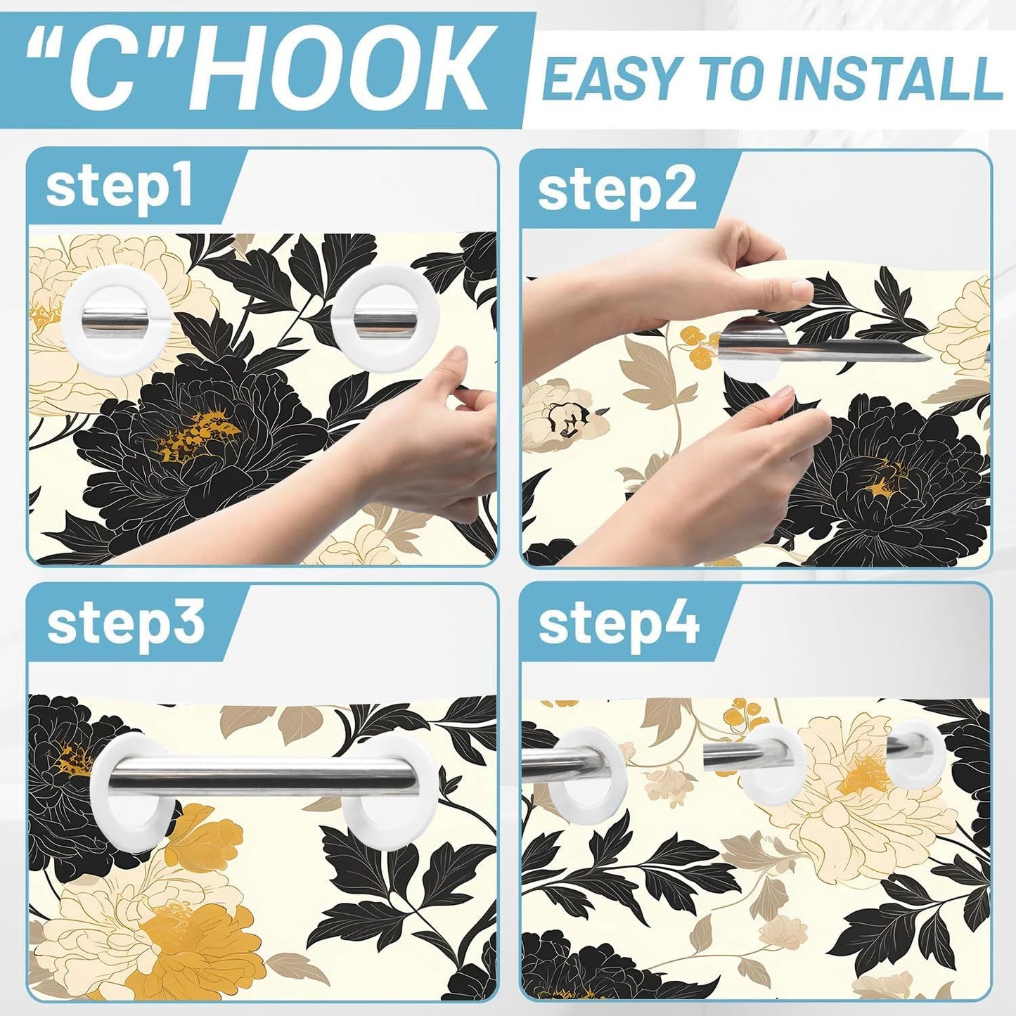 No Hooks Snap in Liner Black Rustic Floral Boho Shower Curtain Sets, Hotel Luxury Double Layers Waterproof Fabric & See-Through Top Window Bathroom Decorative 54X80In