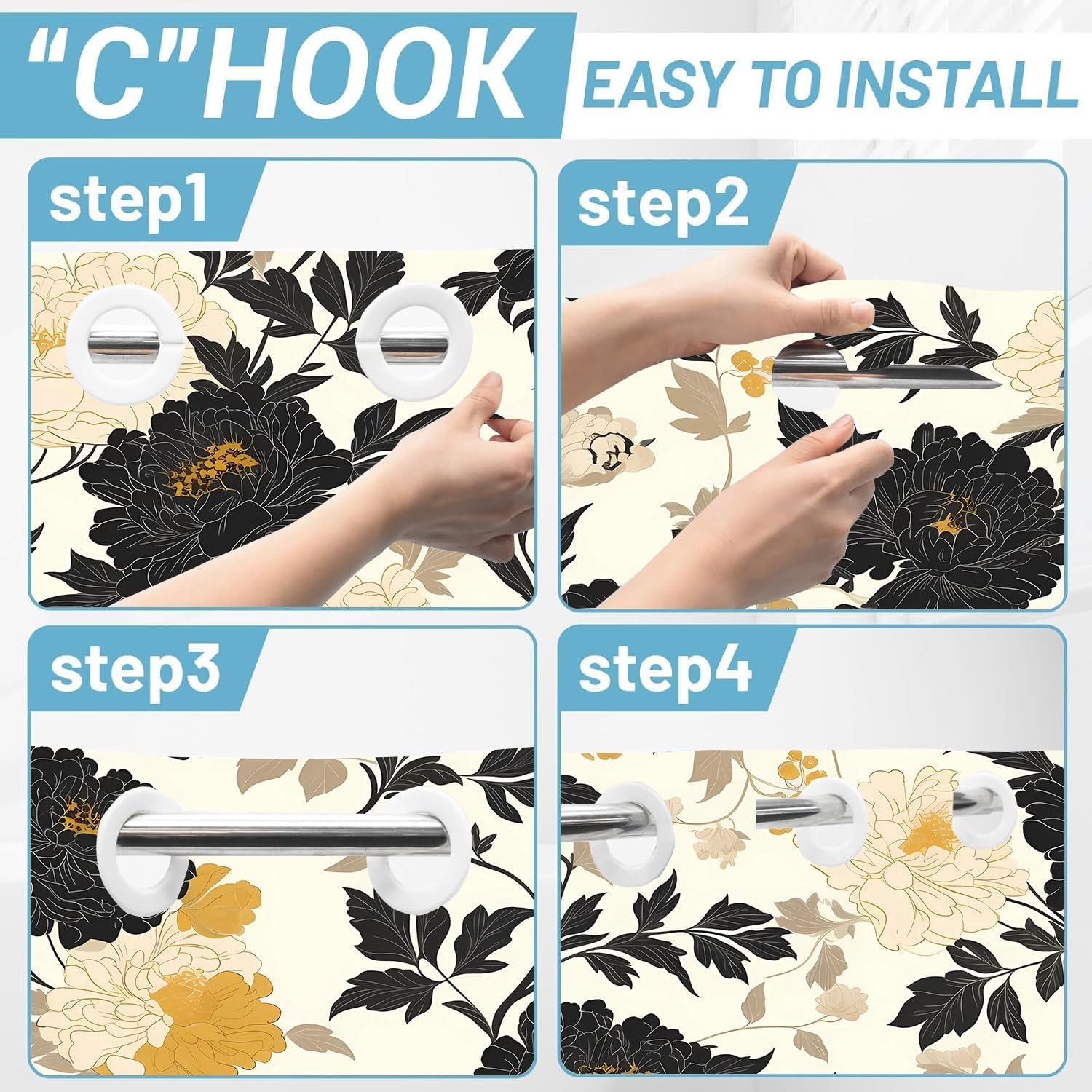 No Hooks Snap in Liner Black Rustic Floral Boho Shower Curtain Sets, Hotel Luxury Double Layers Waterproof Fabric & See-Through Top Window Bathroom Decorative 54X80In