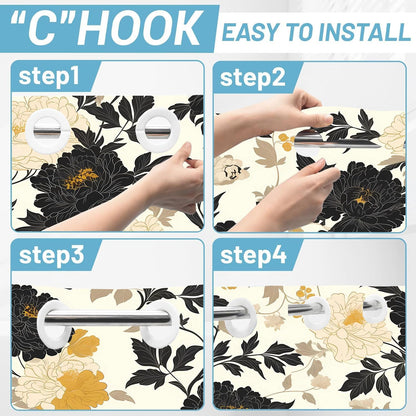 No Hooks Snap in Liner Black Rustic Floral Boho Shower Curtain Sets, Hotel Luxury Double Layers Waterproof Fabric & See-Through Top Window Bathroom Decorative 54X80In