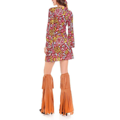 Women's Tassel 3-Piece Hippie Costume Set - Printed Long Sleeve Short Dress With Headscarf & Leg Warmers