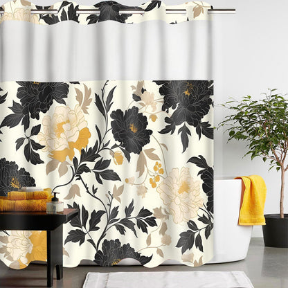 No Hooks Snap in Liner Black Rustic Floral Boho Shower Curtain Sets, Hotel Luxury Double Layers Waterproof Fabric & See-Through Top Window Bathroom Decorative 54X80In