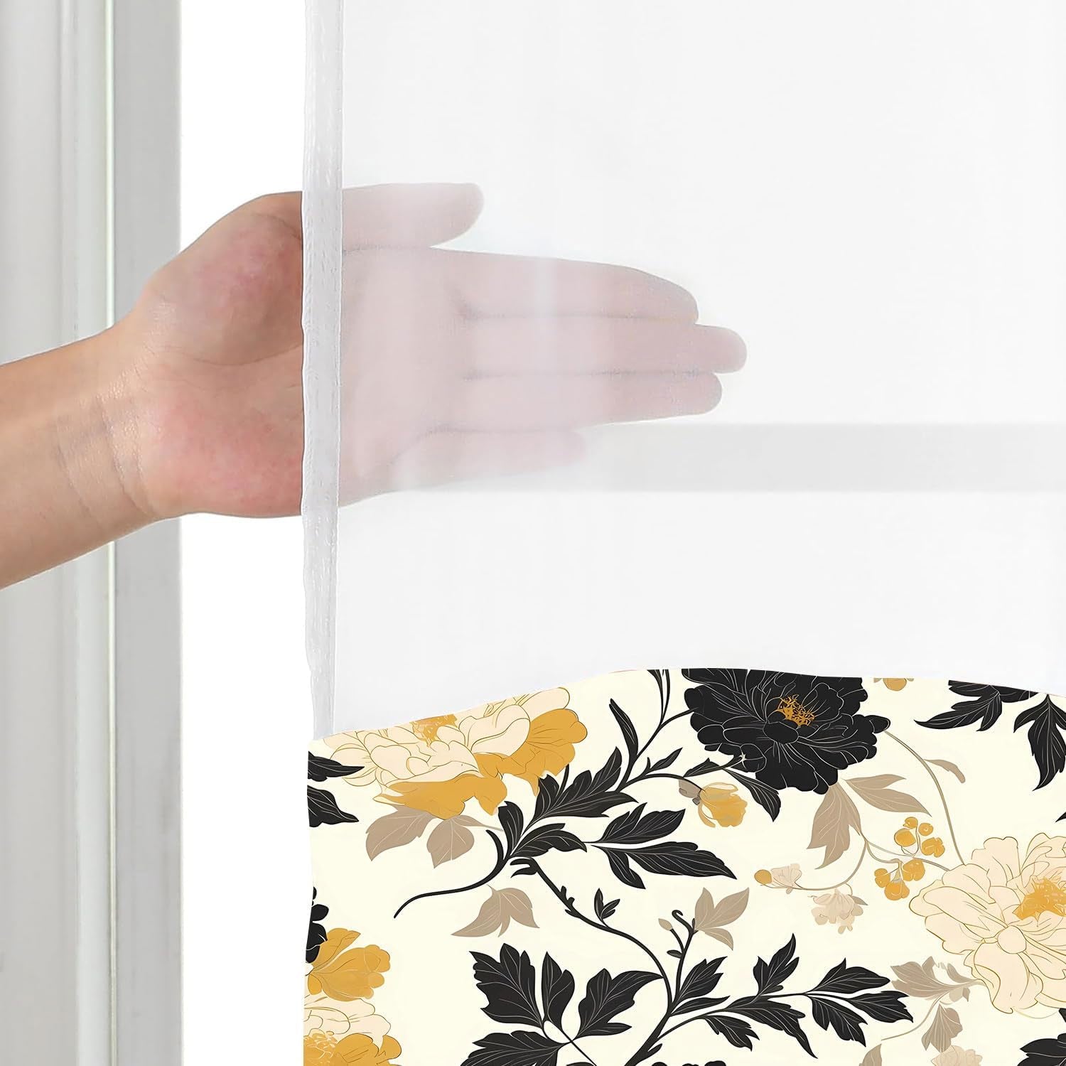 No Hooks Snap in Liner Black Rustic Floral Boho Shower Curtain Sets, Hotel Luxury Double Layers Waterproof Fabric & See-Through Top Window Bathroom Decorative 54X80In