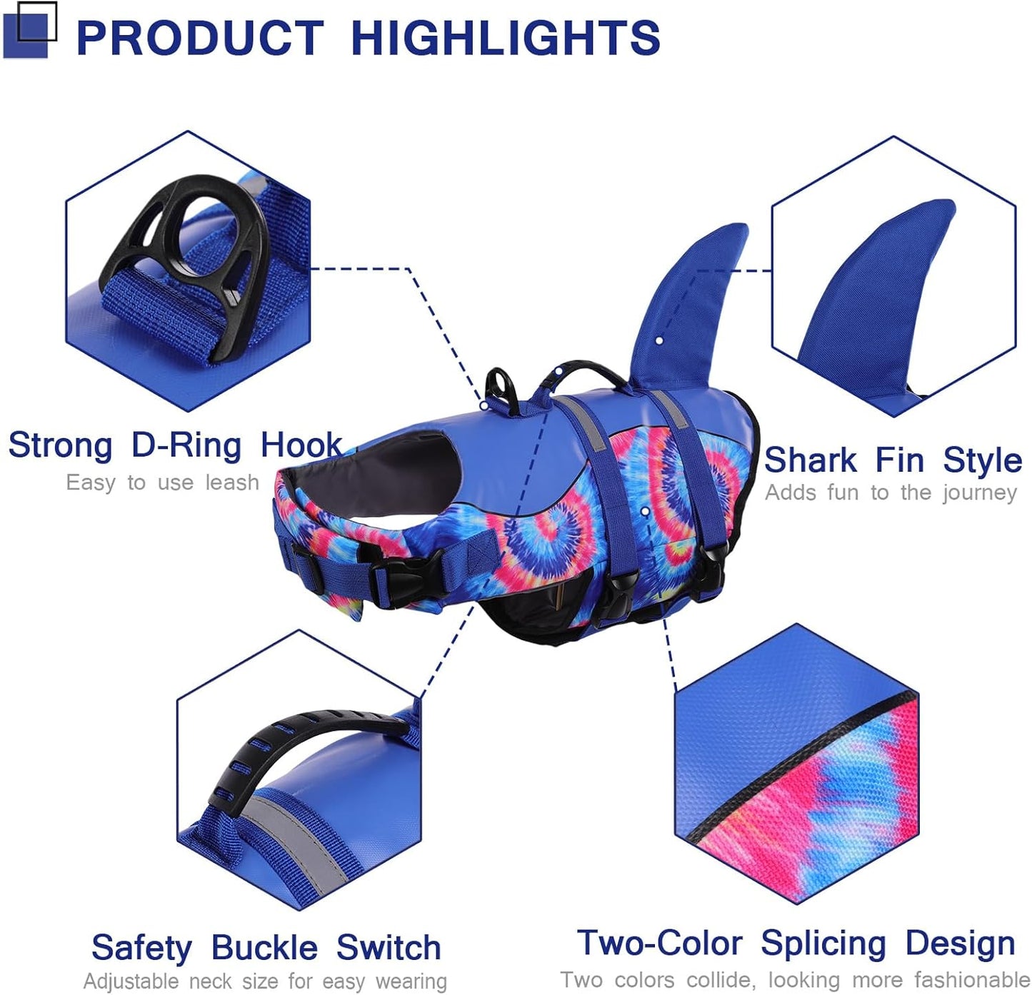 Dog Life Jacket - Pet Safety Vest for Swimming & Boating, Shark Life Jacket with Floatation, Dog Lifesavers Swimsuits for Small Medium Large Dogs (Blue Bandhnu, XL)