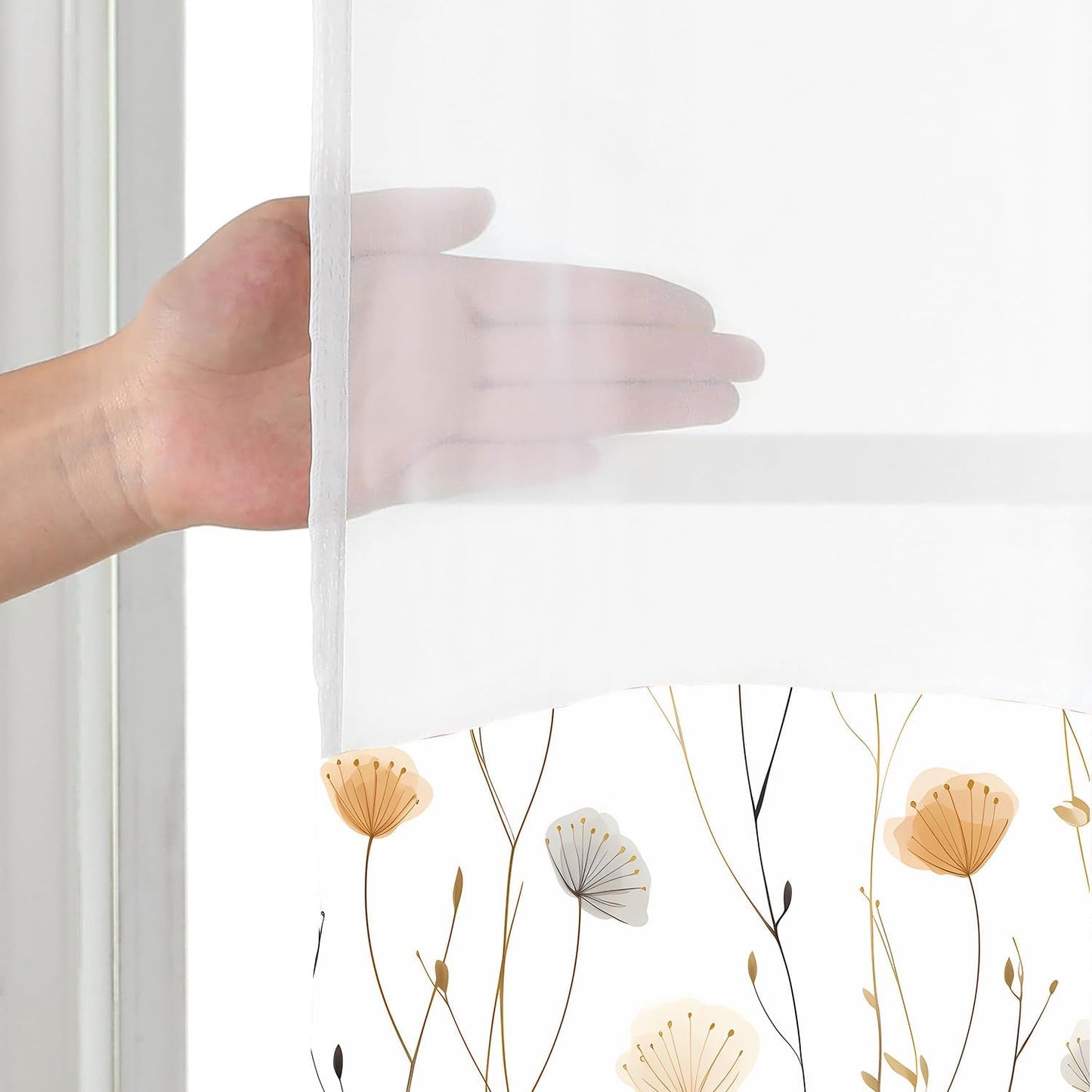 No Hook White Dandelion Shower Curtain with Snap in Fabric Liner Boho Floral Shower Curtain Flowers and Plants Boho Double Layer through Mesh Top Home Bathroom Decor 71X74In