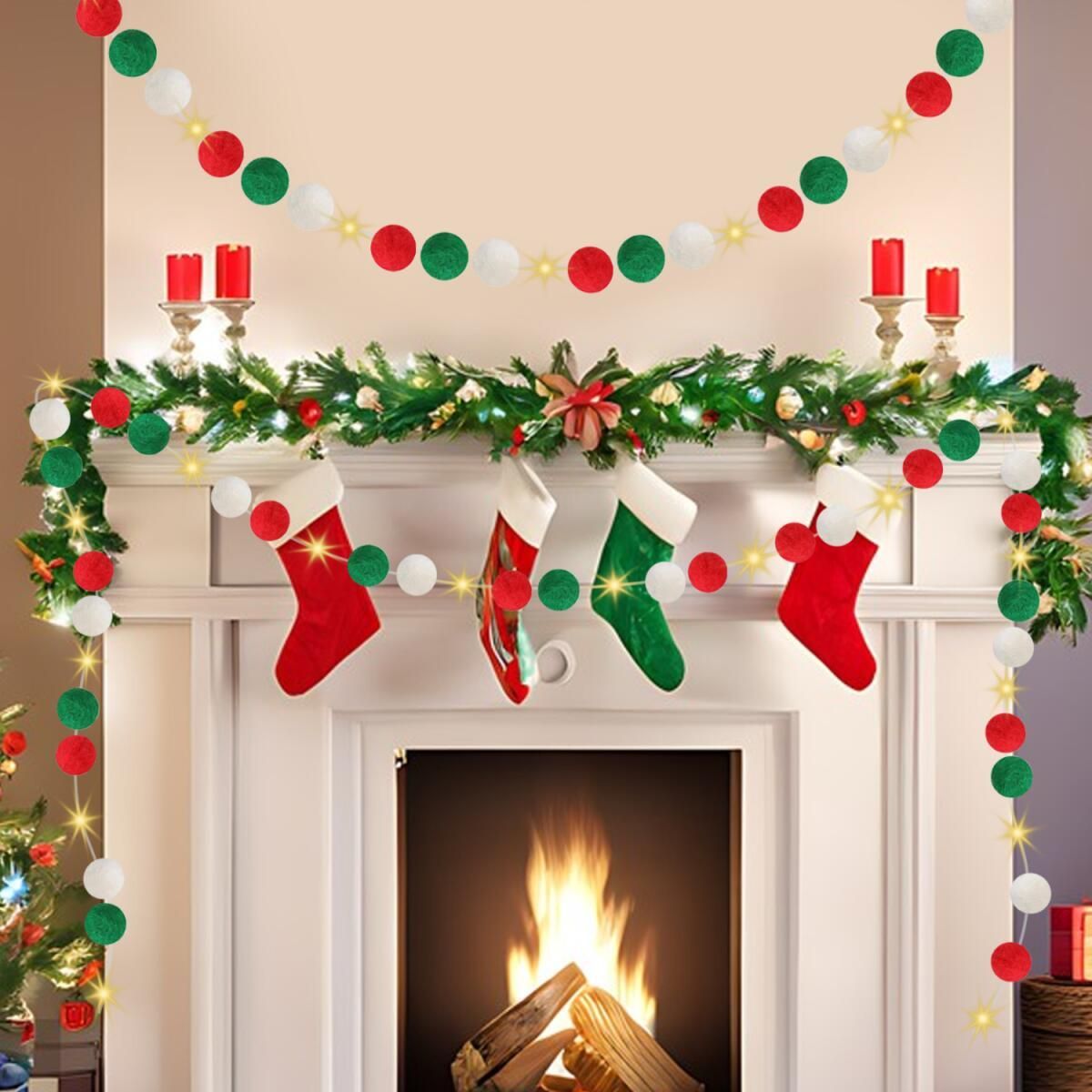9.84 Ft Felt Ball Garland With Warm Light String Christmas Pom Pom Garland Red Green White 1 Inch Pompoms DIY Unique Hanging Bunting Banner For Xmas Tree Fireplace Wall Home Decor
