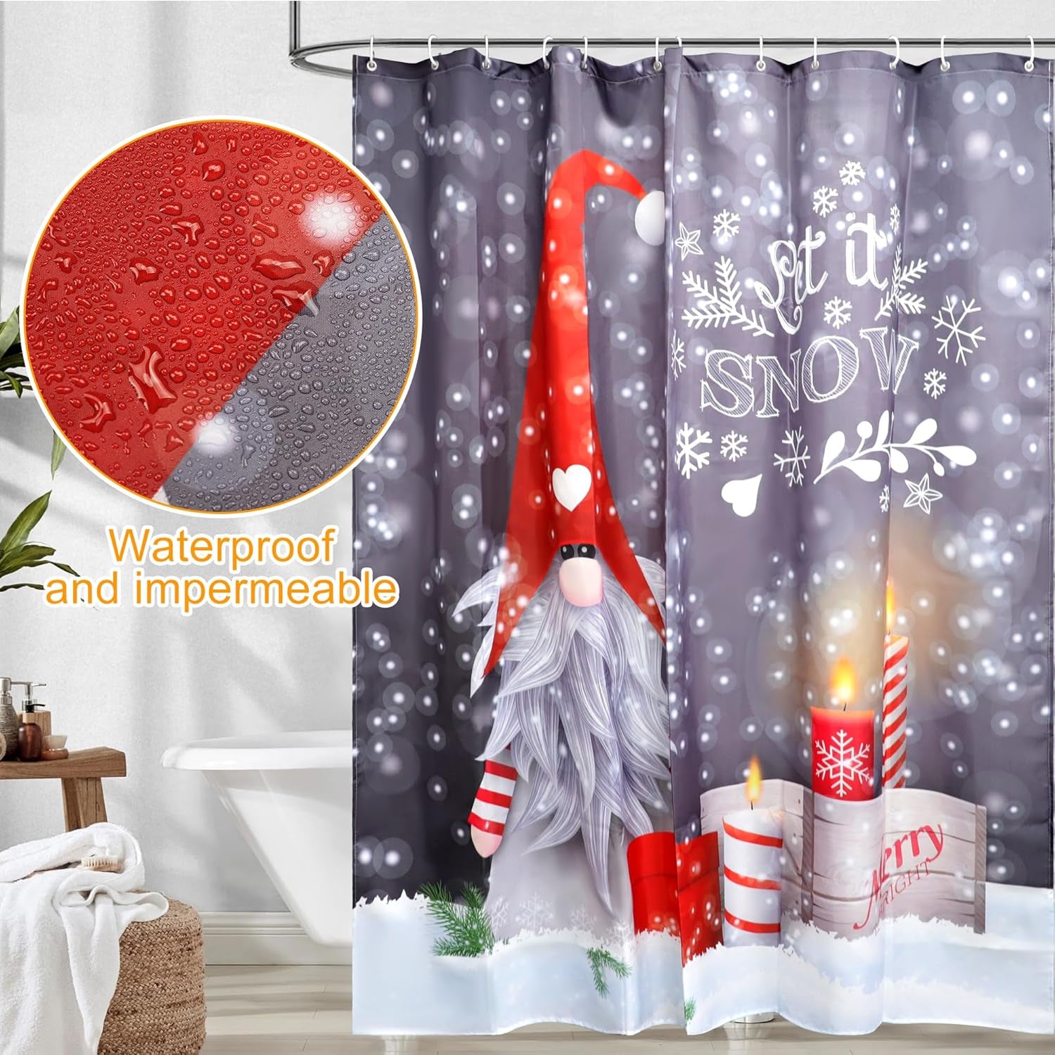 Christmas Shower Curtain Set with Rugs, Gnome Christmas Shower Curtain Sets for Bathroom, Christmas Bathroom Sets with Shower Curtain and Rugs 72X72 Inches (M1)