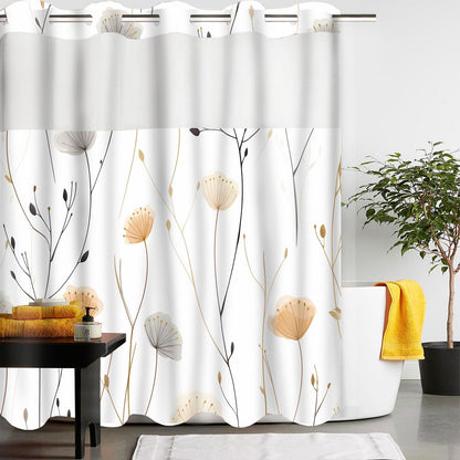 No Hook White Dandelion Shower Curtain with Snap in Fabric Liner Boho Floral Shower Curtain Flowers and Plants Boho Double Layer through Mesh Top Home Bathroom Decor 71X74In
