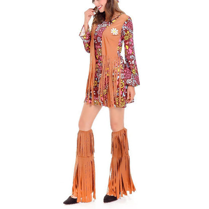Women's Tassel 3-Piece Hippie Costume Set - Printed Long Sleeve Short Dress With Headscarf & Leg Warmers