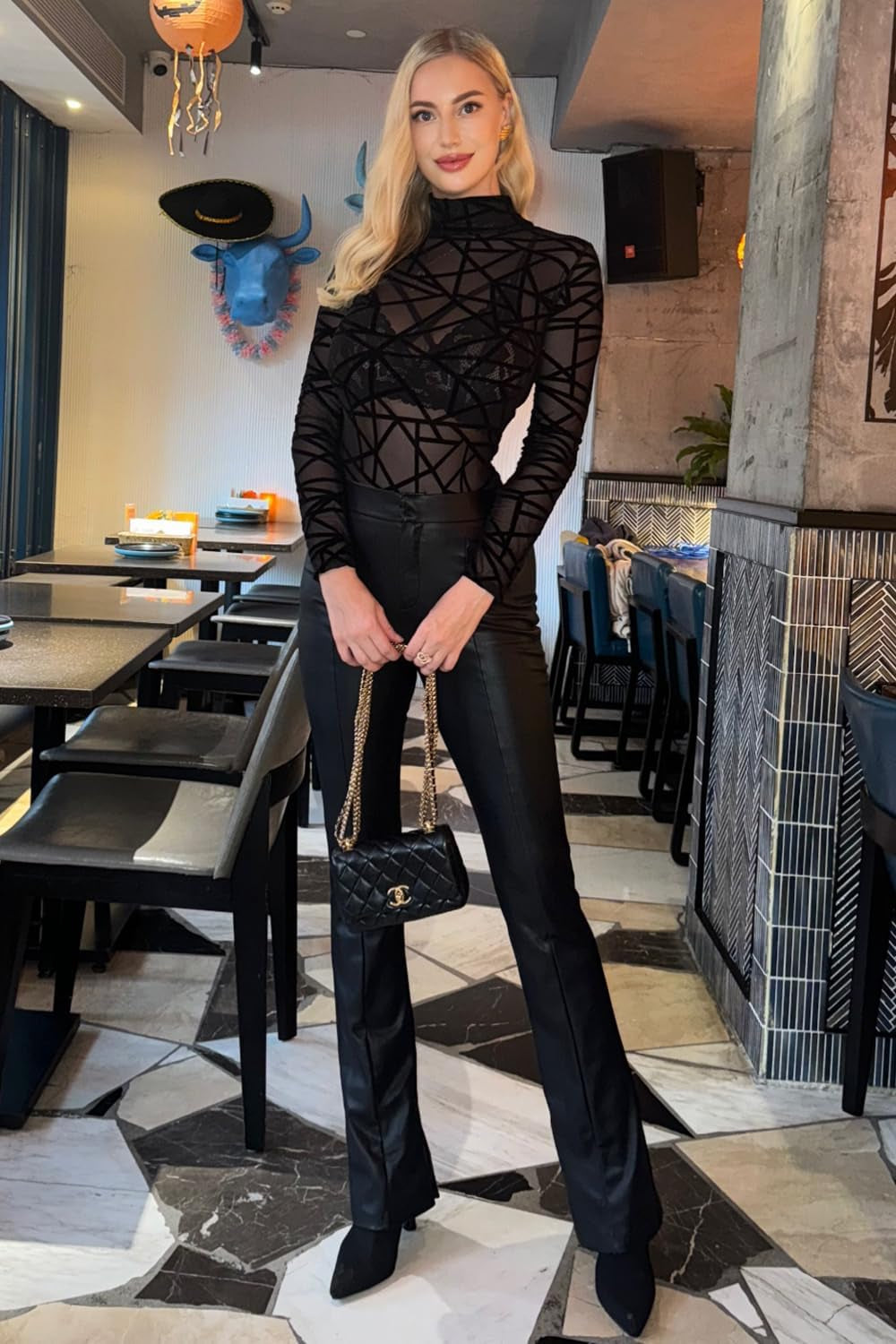 Long Sleeve Bodysuit for Women Mesh Bodysuit Turtleneck Sheer Tops Geo Print Leotards S-XXL