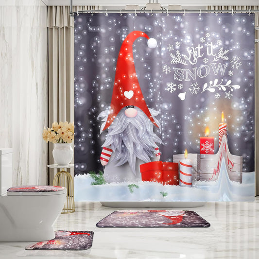 Christmas Shower Curtain Set with Rugs, Gnome Christmas Shower Curtain Sets for Bathroom, Christmas Bathroom Sets with Shower Curtain and Rugs 72X72 Inches (M1)
