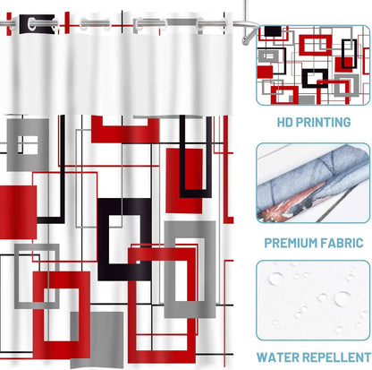 No Hook Modern Red and Black Shower Curtain with Snap in Fabric Liner Abstract Geometric Aesthetic Design Double Layer through Mesh Top Home Bathroom Decoration 54X80In YLSHGD416