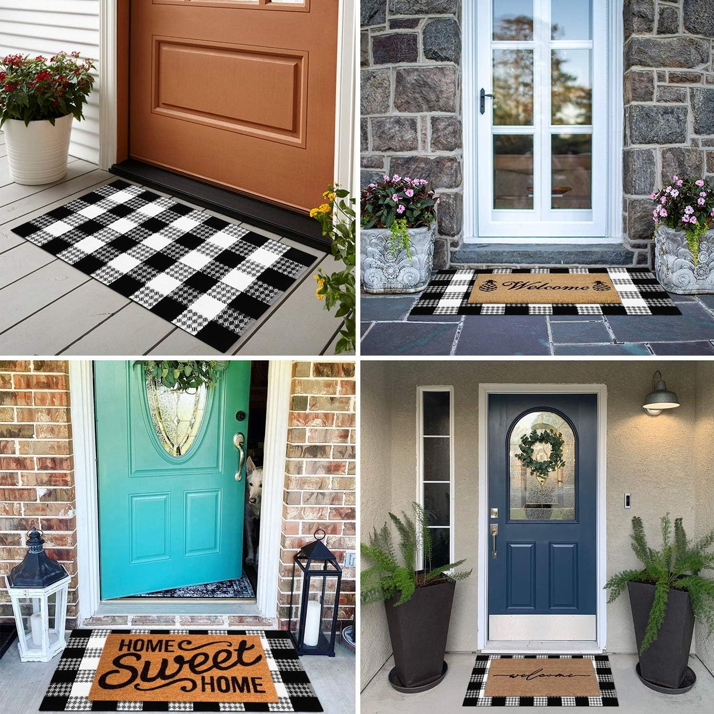 Cotton Buffalo Plaid Checkered Rug 24'' X 35'',  Farmhouse Black/White Woven Outdoor Rugs Runner, Washable Layered Door Mats for Porch/Kitchen