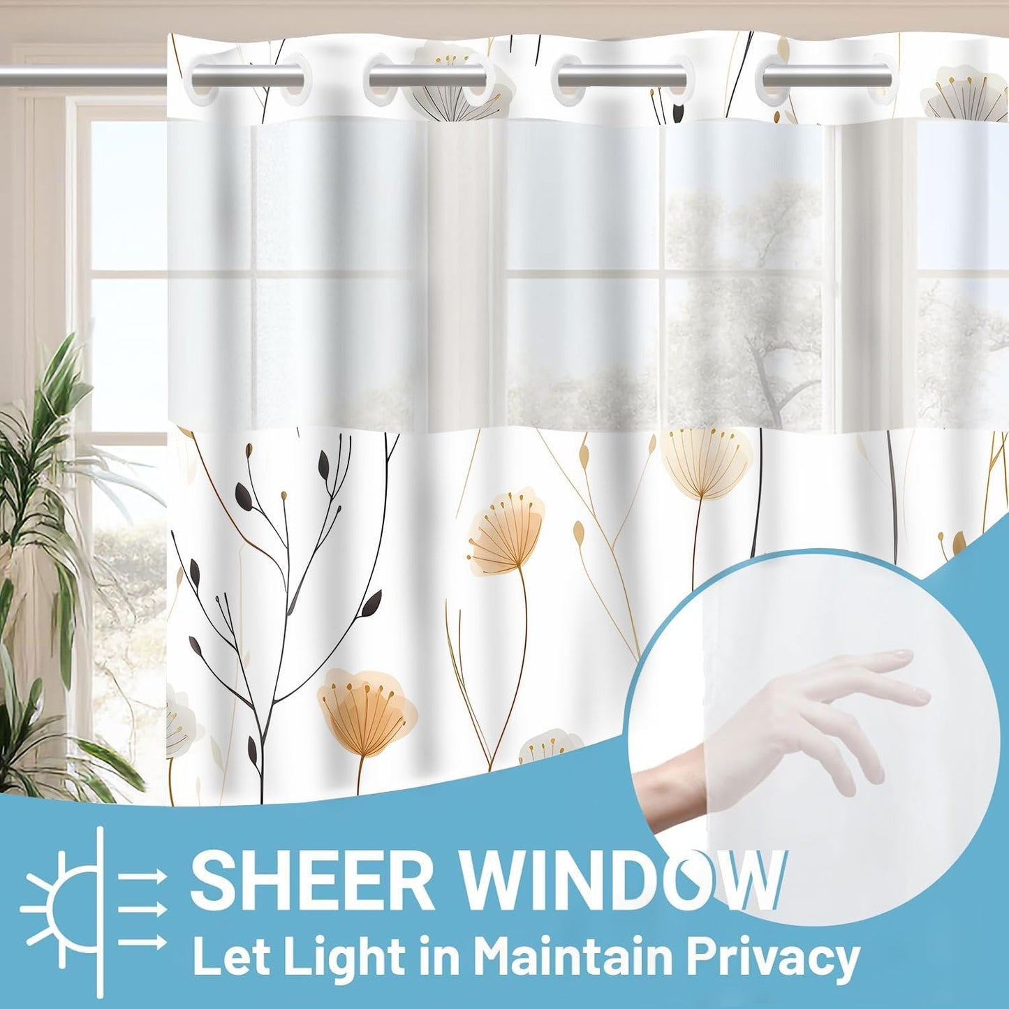 No Hook White Dandelion Shower Curtain with Snap in Fabric Liner Boho Floral Shower Curtain Flowers and Plants Boho Double Layer through Mesh Top Home Bathroom Decor 71X74In