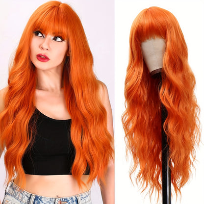 Elegant Long Orange Non-toxic Wig, Synthetic Wavy Hair Wig For Ladies, 28-inch Long Hair, Suitable For The Whole Scene