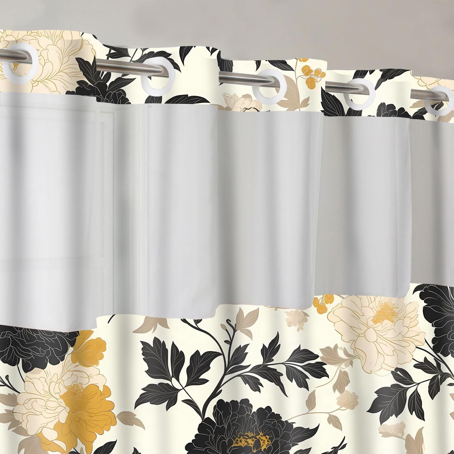 No Hooks Snap in Liner Black Rustic Floral Boho Shower Curtain Sets, Hotel Luxury Double Layers Waterproof Fabric & See-Through Top Window Bathroom Decorative 54X80In