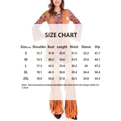 Women's Tassel 3-Piece Hippie Costume Set - Printed Long Sleeve Short Dress With Headscarf & Leg Warmers