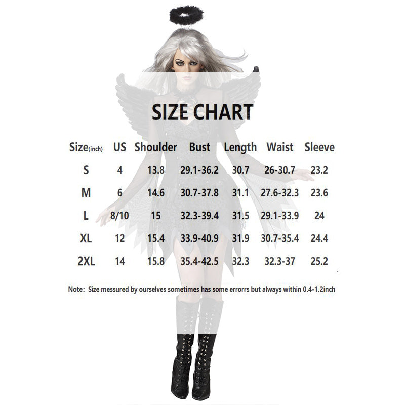 Women Black Three-Piece Angel Costume Set Dress, Wings & Headband - Sheer Mesh Short Dress With Asymmetrical Hem For Cosplay