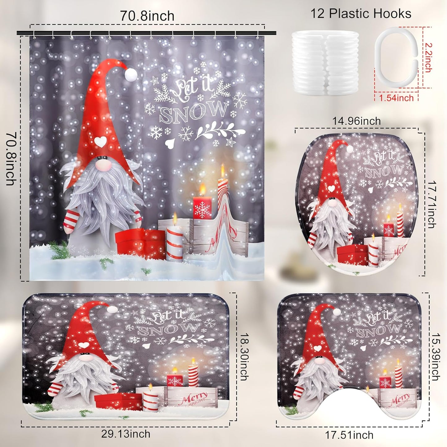 Christmas Shower Curtain Set with Rugs, Gnome Christmas Shower Curtain Sets for Bathroom, Christmas Bathroom Sets with Shower Curtain and Rugs 72X72 Inches (M1)