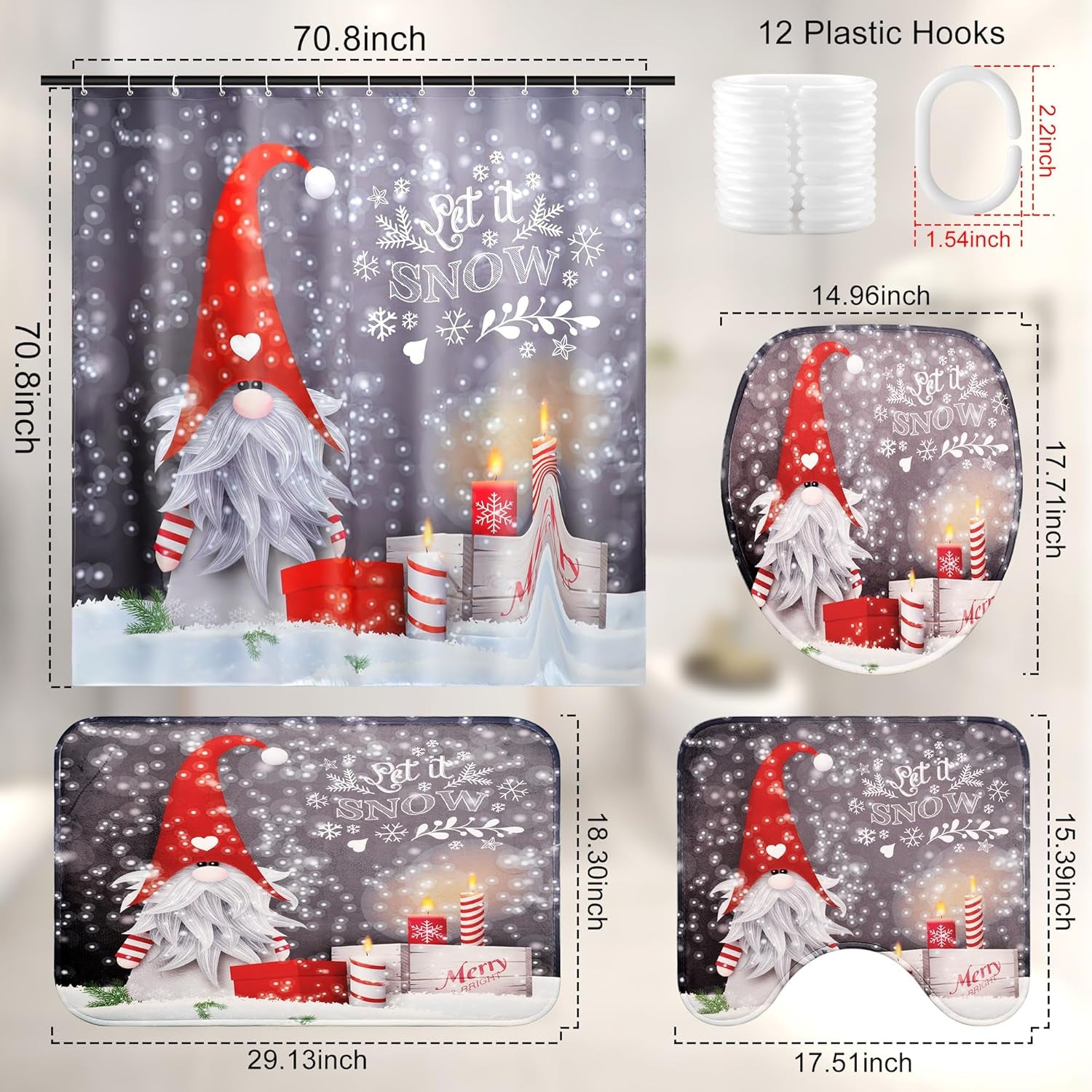 Christmas Shower Curtain Set with Rugs, Gnome Christmas Shower Curtain Sets for Bathroom, Christmas Bathroom Sets with Shower Curtain and Rugs 72X72 Inches (M1)