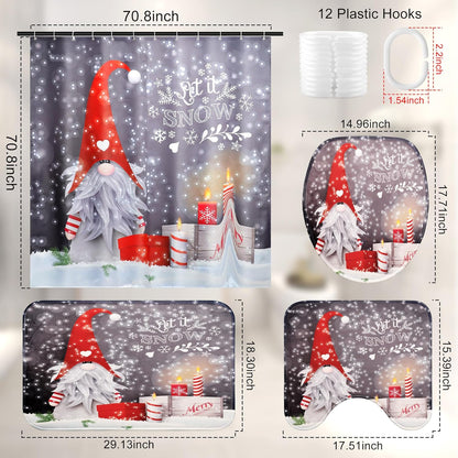 Christmas Shower Curtain Set with Rugs, Gnome Christmas Shower Curtain Sets for Bathroom, Christmas Bathroom Sets with Shower Curtain and Rugs 72X72 Inches (M1)