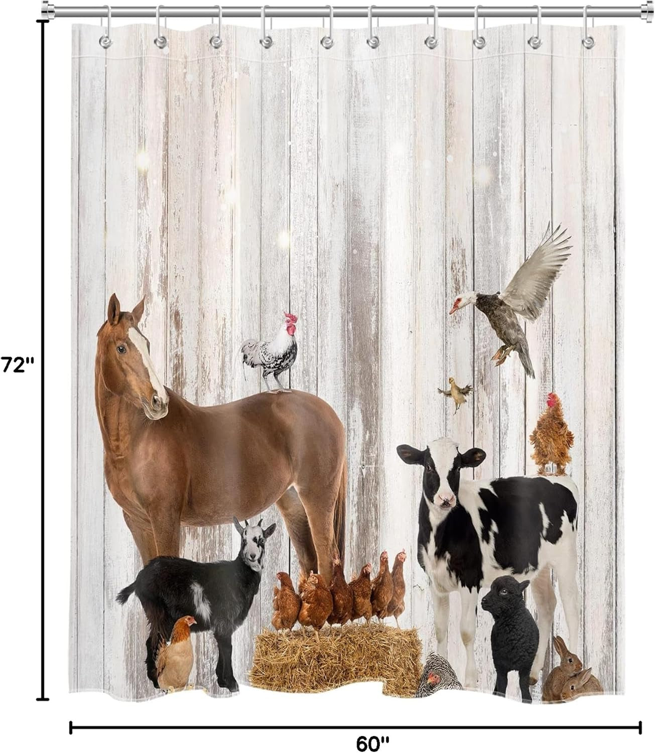 Farm Shower Curtain Decor, Rustic Wooden Wall Farm Little Animals Horse and Cow Shower Curtains 60X72 Inches Polyester Fabric Bathroom Decorations Bath Curtains Hooks Included