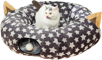Large Cat Tunnel Bed under Christmas Tree with Fluffy Toy Balls, Small Cushion and Flexible Design- 10 Inch Diameter, 3 Ft Length- Great for Cats, and Small Dogs, Gray Star Pattern