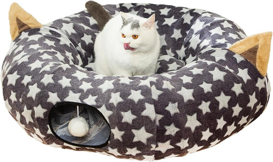Large Cat Tunnel Bed under Christmas Tree with Fluffy Toy Balls, Small Cushion and Flexible Design- 10 Inch Diameter, 3 Ft Length- Great for Cats, and Small Dogs, Gray Star Pattern
