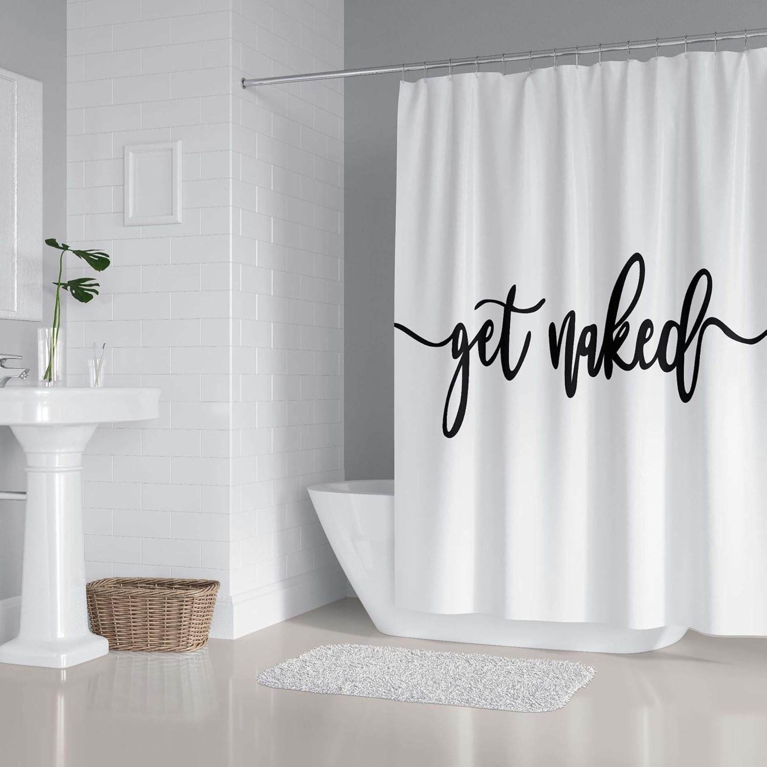 70X70 Inches Get Naked Shower Curtain Set Funny Quote Durable Waterproof Polyester Shower Curtain Bathroom Bath Decor Cloth Fabric + 12 Hooks(White)