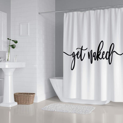 70X70 Inches Get Naked Shower Curtain Set Funny Quote Durable Waterproof Polyester Shower Curtain Bathroom Bath Decor Cloth Fabric + 12 Hooks(White)