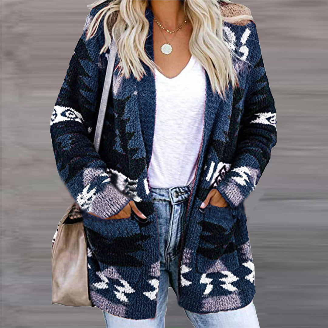 Women Loose Sweater Christmas Printed Knitted Cardigan