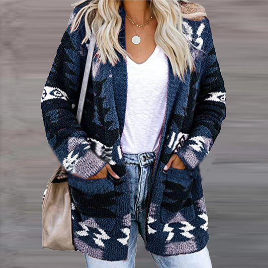 Women Loose Sweater Christmas Printed Knitted Cardigan