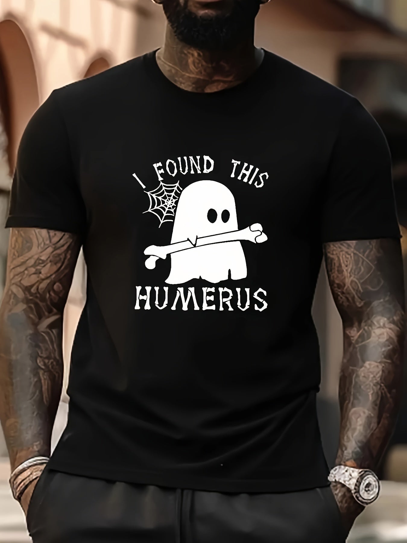 Plus Size Men's Halloween T-shirt, Short Sleeved T-shirt With Ghost And I Found This Humerus Pattern On Top